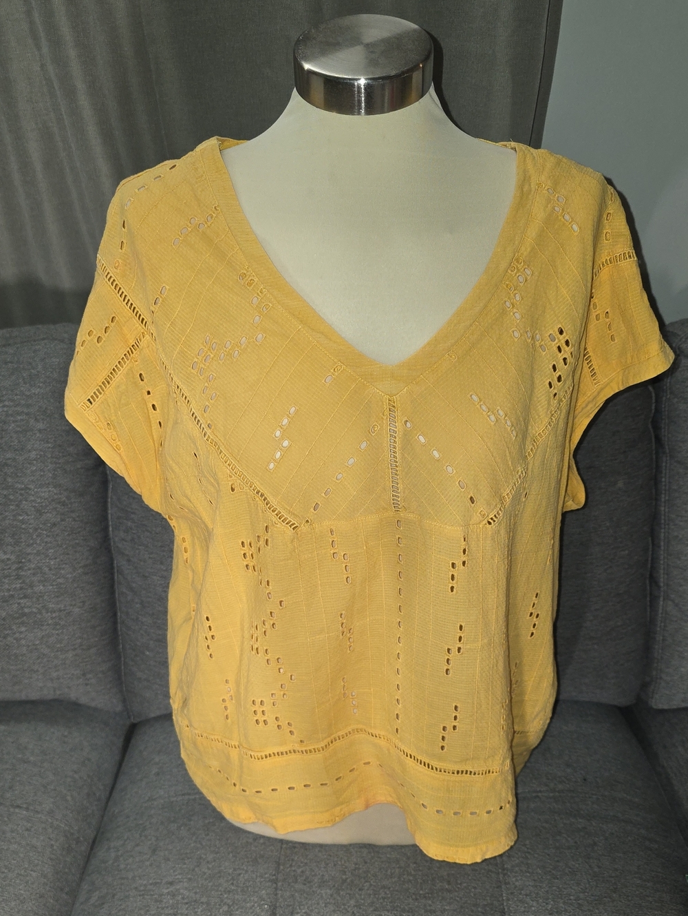 Prana Mustard Yellow Eyelet V-Neck Blouse